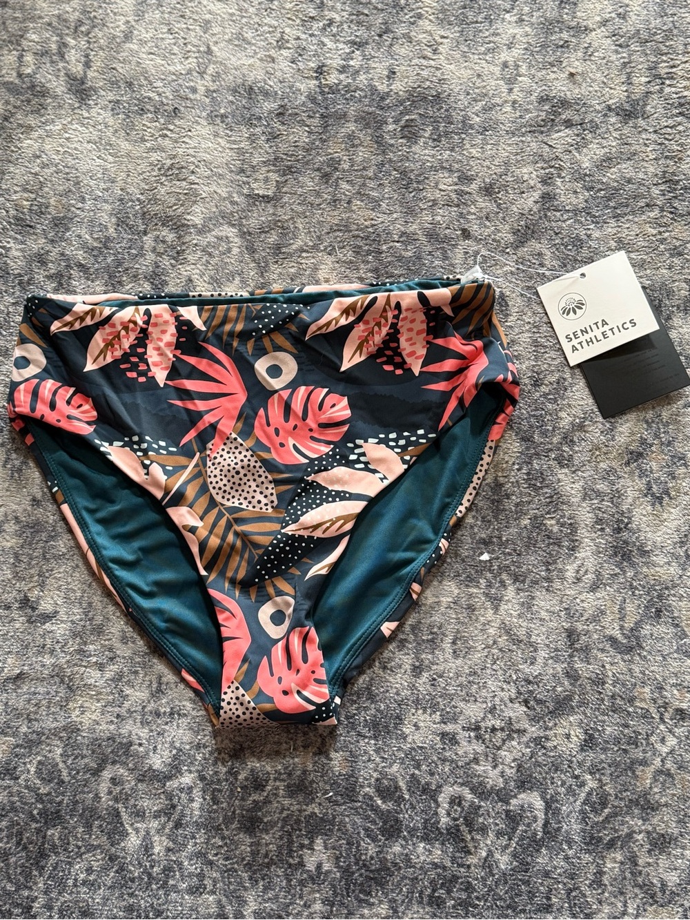 Senita Athletics Teal Bikini Bottom with Coral & Blush Tropical Print